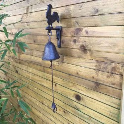 Cast-iron garden door/gate bell with rooster design, full view