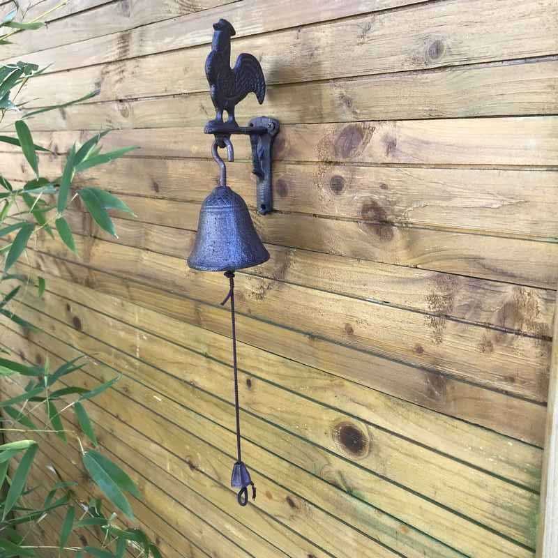 Cast-iron garden door/gate bell with rooster design, full view