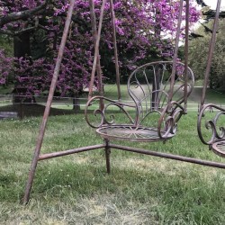 Wrought iron garden swing with comfortable seating view