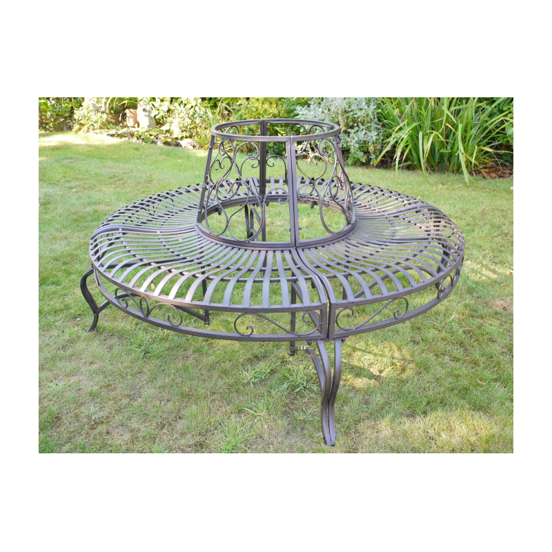Full view of a patinated brown iron tree bench