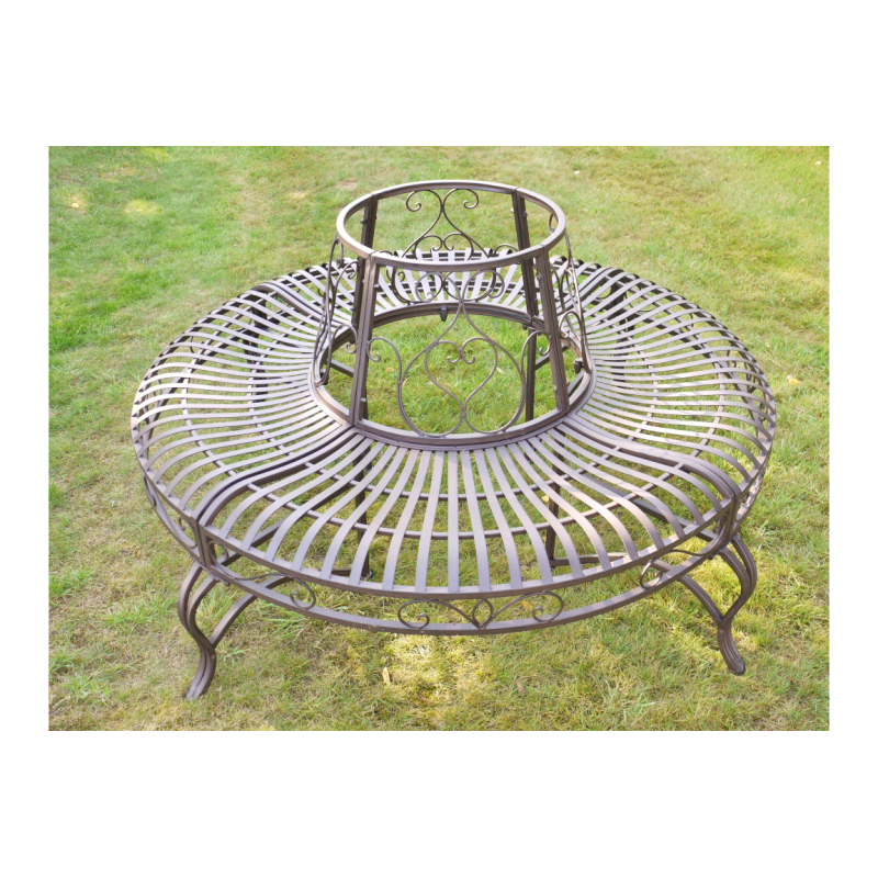 Top view of a patinated brown iron tree bench.