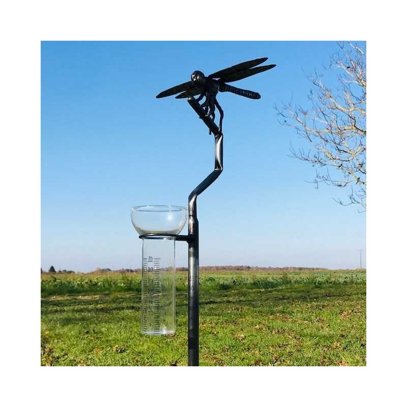 Original Decorative Rain Gauge Dragonfly in Forged Stainless Steel, H134 cm, Funnel View