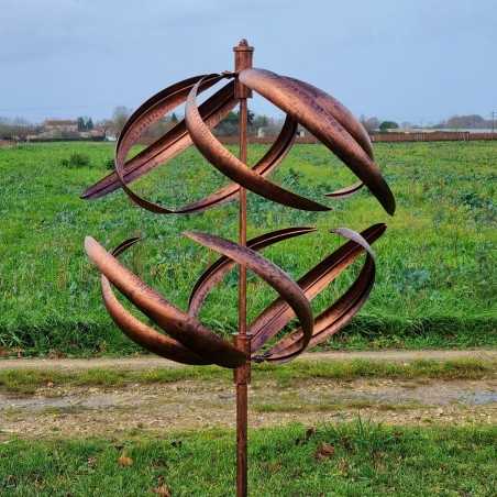 Decorative garden wind spinner in brushed copper metal sphere, LANGEAIS model