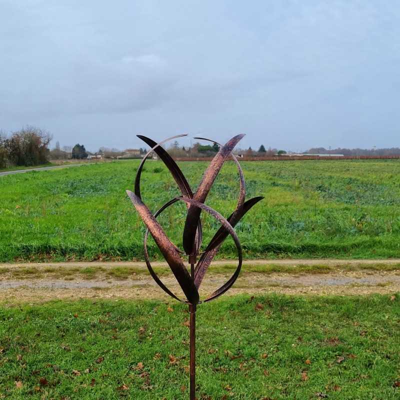 Decorative garden wind spinner in brushed copper iron, CHAMBORD garden windmill, 3/4 view
