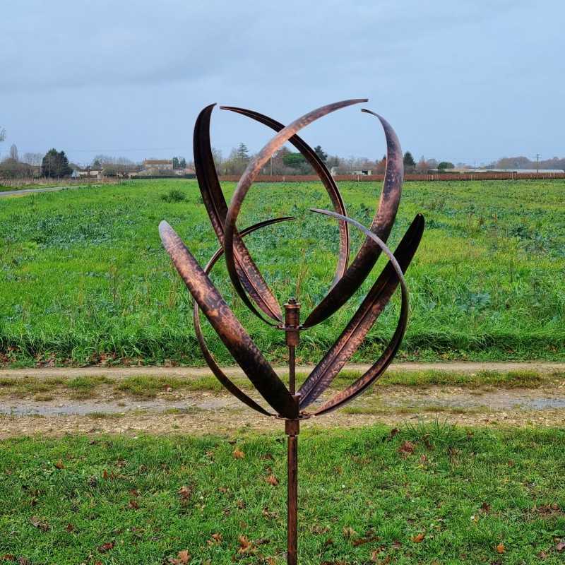 Decorative garden wind spinner in brushed copper iron, CHAMBORD garden windmill close-up view
