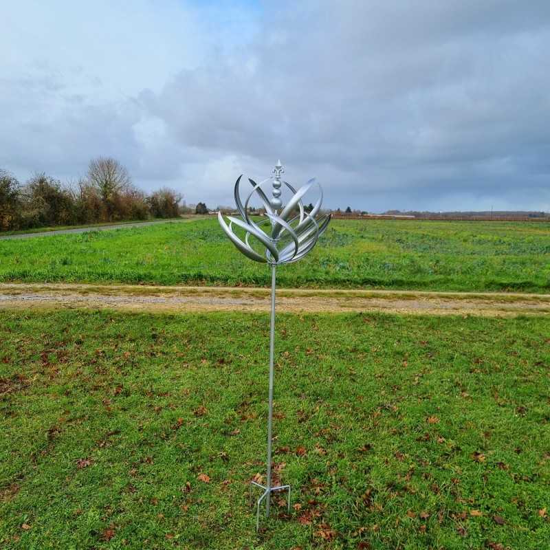 Decorative garden wind spinner in gray iron, Gonfreville windmill style, full view