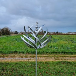 Decorative garden wind spinner in gray iron, Gonfreville windmill style, side view
