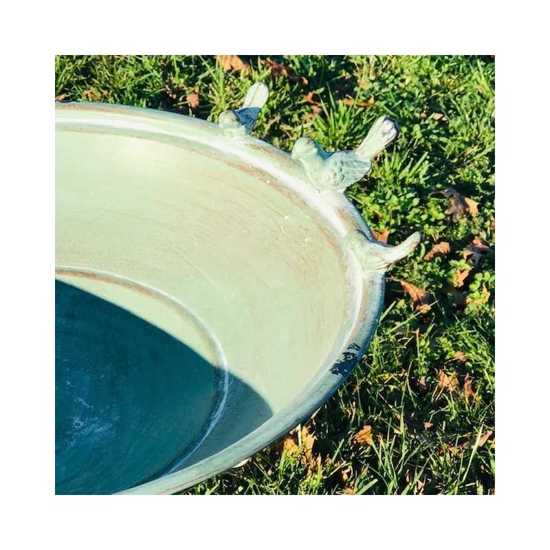 Beautiful metal bird bath and feeder, 76 cm tall, featuring a view of three birds