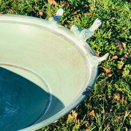 Beautiful metal bird bath and feeder, 76 cm tall, featuring a view of three birds