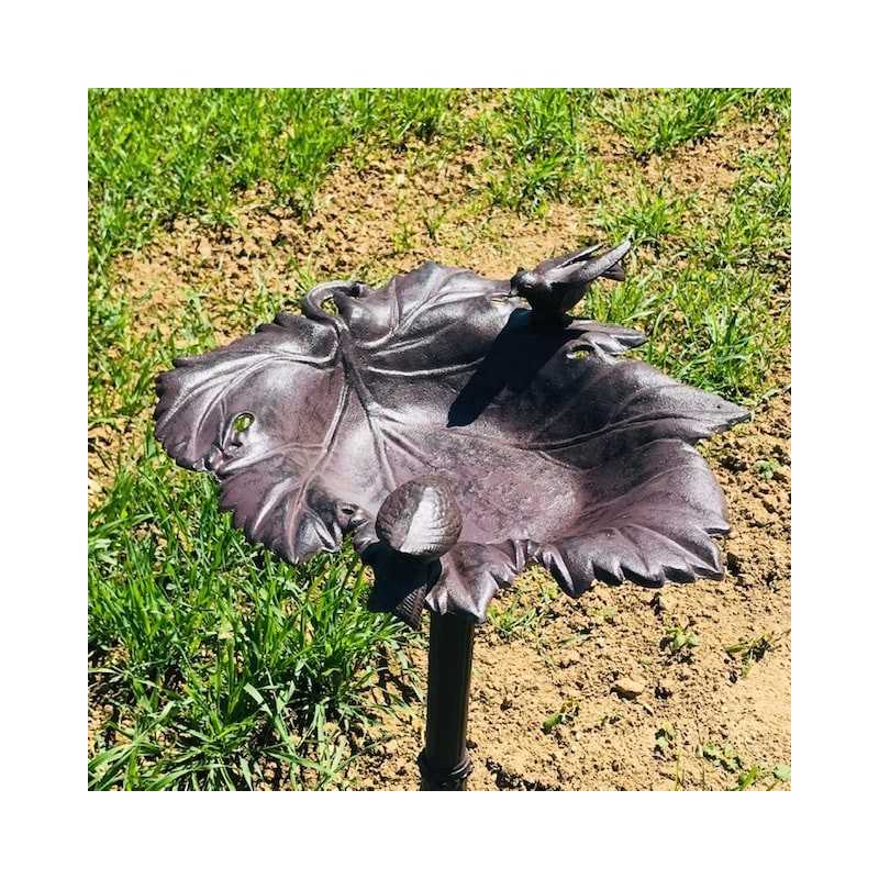 Large Cast Iron Bird Bath Feeder with Brown Vine Leaf Design H-83cm Side View