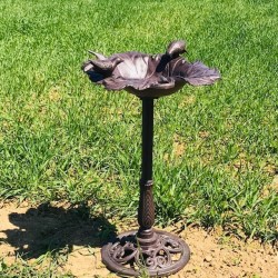 Large Cast Iron Bird Bath Feeder with Brown Vine Leaf Design H-83cm Full View