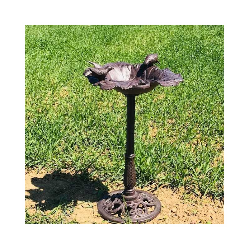 Large Cast Iron Bird Bath Feeder with Brown Vine Leaf Design H-83cm Full View
