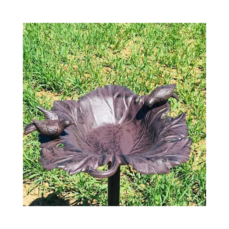 Large Cast Iron Bird Bath Feeder with Brown Vine Leaf Design H-83cm Top View