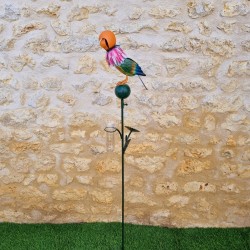 Decorative rain gauge with a colorful parrot design, 152 × 30 × 17 cm, full view