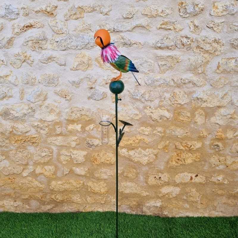 Decorative rain gauge with a colorful parrot design, 152 × 30 × 17 cm, full view