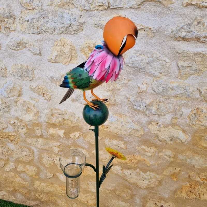 Decorative rain gauge with a colorful parrot design, 152 × 30 × 17 cm, close-up view