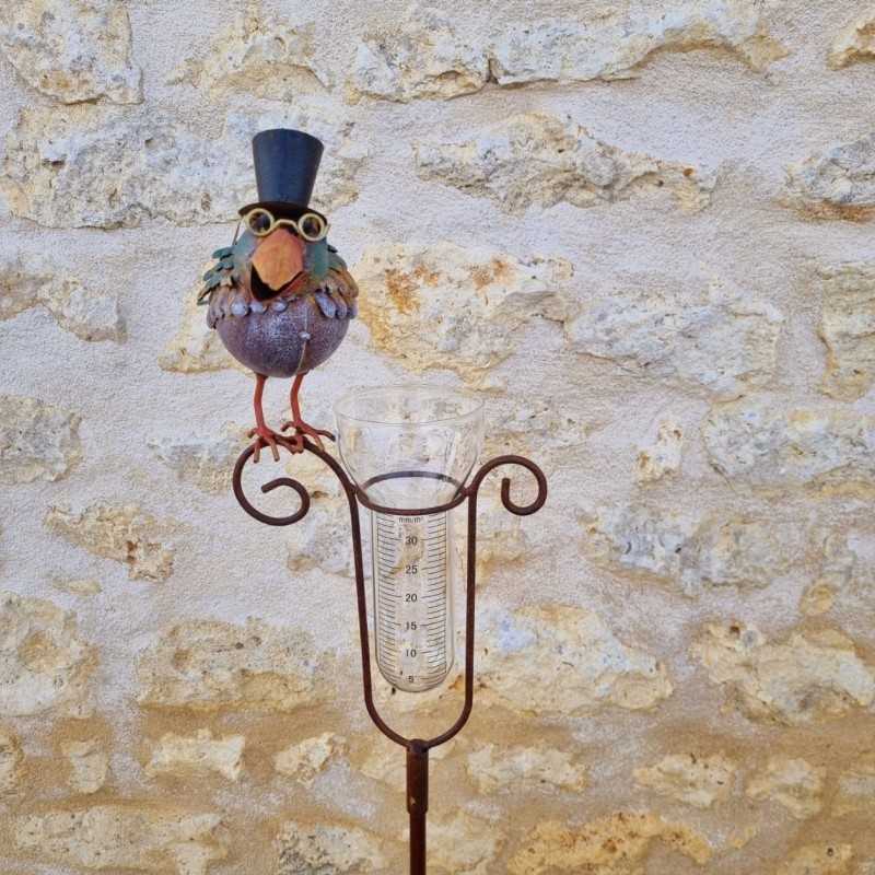 Decorative bird-shaped rain gauge with a hat and a graduated funnel, front view