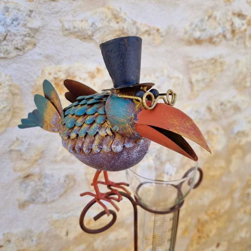 Decorative bird-model rain gauge with hat and graduated funnel, side view