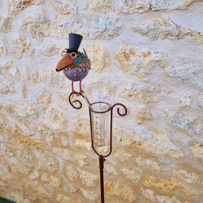 Decorative bird-shaped rain gauge with a hat and graduated funnel, close-up view of the subject