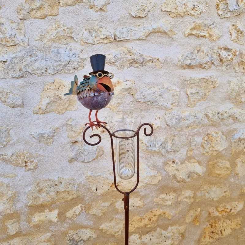 Decorative bird-shaped rain gauge with a hat and graduated funnel, front view