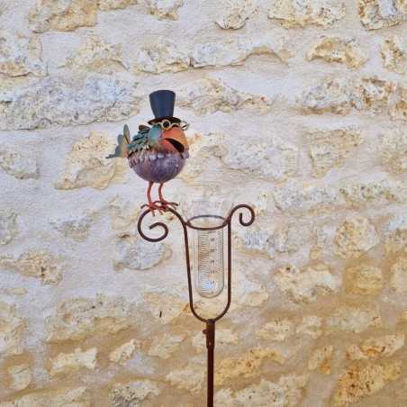 Decorative bird-shaped rain gauge with a hat and graduated funnel, front view
