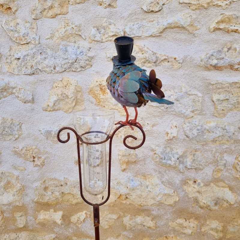 Decorative bird-shaped rain gauge with hat and graduated funnel, rear view
