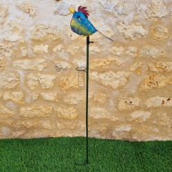 Decorative metal rain gauge adorned with a playful bird 113x21x12 full view