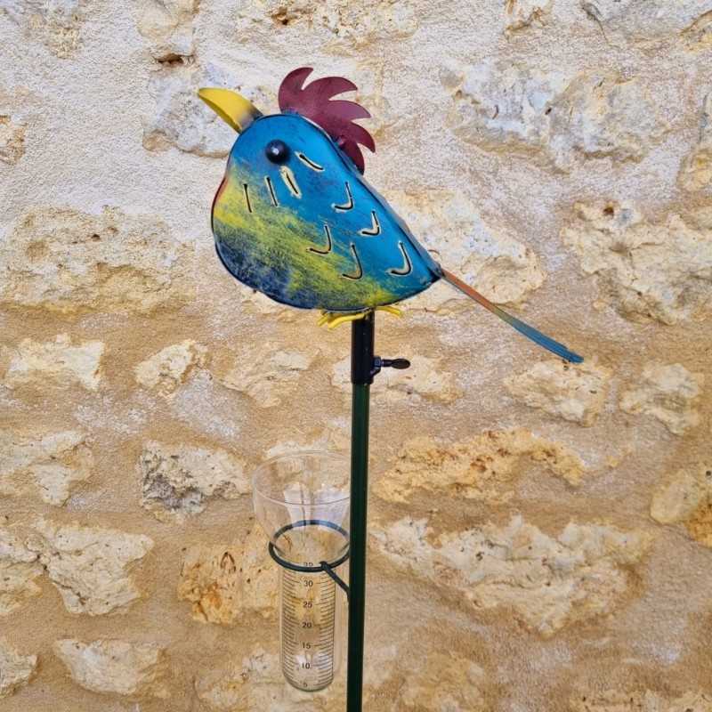 Decorative metal rain gauge adorned with a cheerful bird 113x21x12
