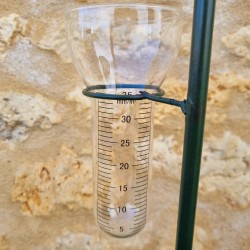 Decorative metal rain gauge adorned with a cheerful bird 113x21x12 view of the funnel glass