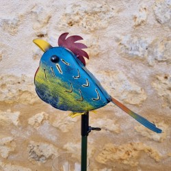 Decorative metal rain gauge adorned with a playful bird 113x21x12 close-up view of the bird
