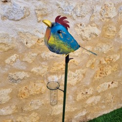 Decorative metal rain gauge adorned with a cheerful bird 113x21x12