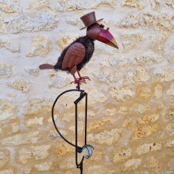 Garden mobile in iron with crow and woodpecker motif and balanced stake, side view