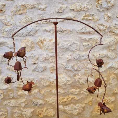 Decorative garden stake, cast iron bird bell, front view pendulum