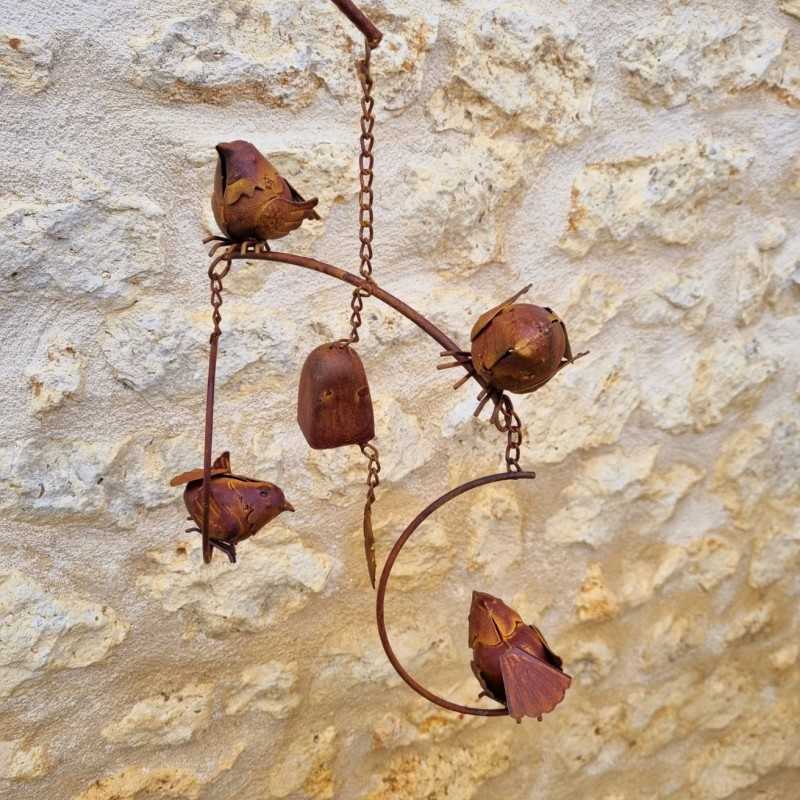 Decorative garden stake, cast iron bird bell chime with pendulum, view of the bells