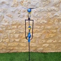 Metal Garden Balancing Mobile with Blue Tit Bird Motif, Height 130 cm, Front View