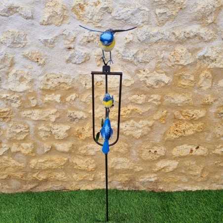 Metal Garden Balancing Mobile with Blue Tit Bird Motif, Height 130 cm, Front View