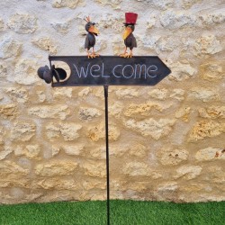 Stake, decorative garden support welcome in brown with colorful crow, full view