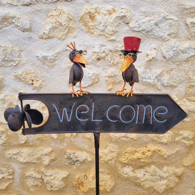 Spike, decorative garden stake welcome sign in colorful crow brown