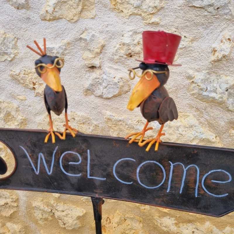 Spike, decorative garden stake welcome sign in colorful crow brown