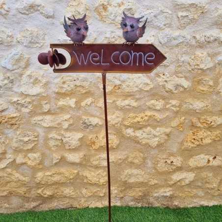 Stake, decorative garden plant support welcome owl full view
