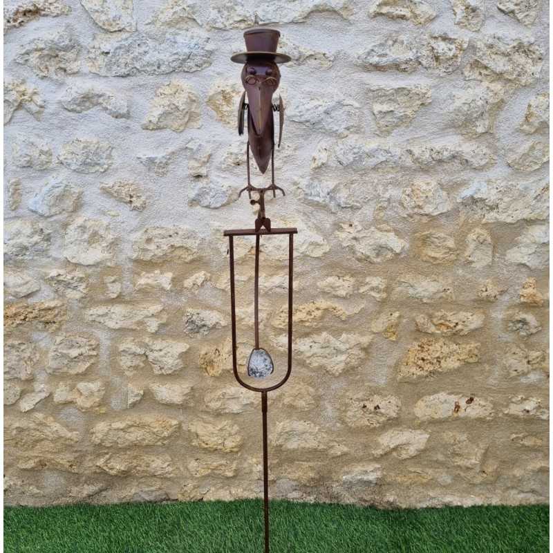 Garden Mobile in Iron with Balancing Crow Motif – Plant Stake Support Decorative Garden Wind Spinner