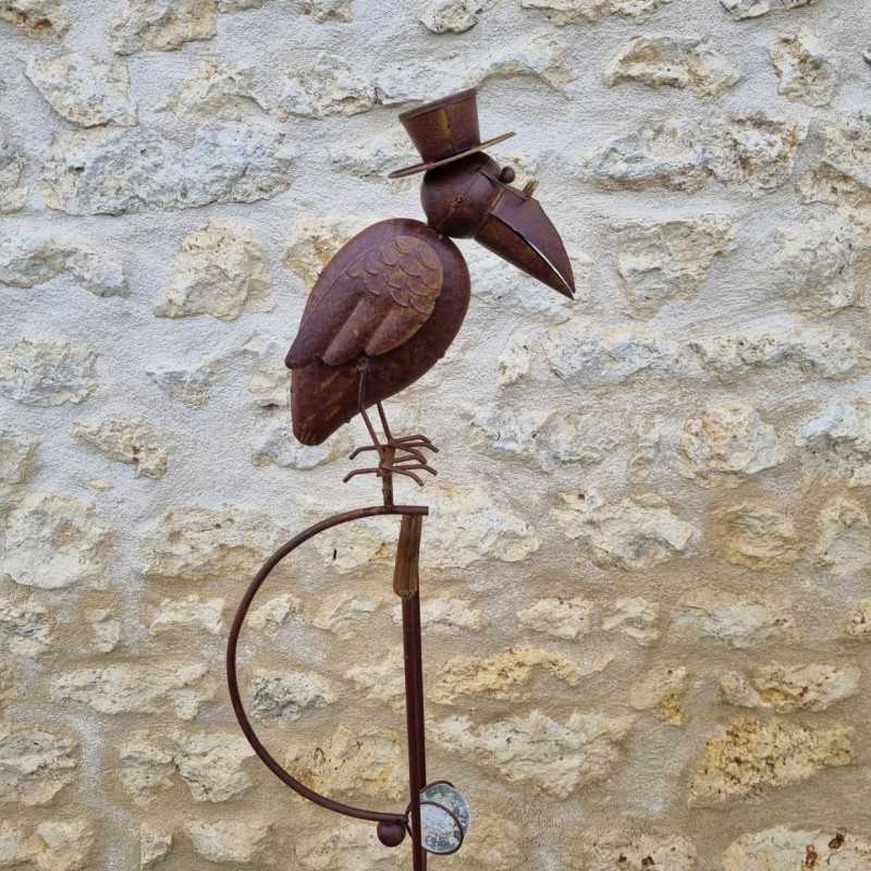 Garden Mobile in Iron with Balancing Crow Motif – Plant Stake Support Decorative Garden Wind Spinner