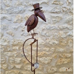 Garden Mobile in Iron with Balancing Crow Motif – Plant Stake Support Decorative Garden Wind Spinner