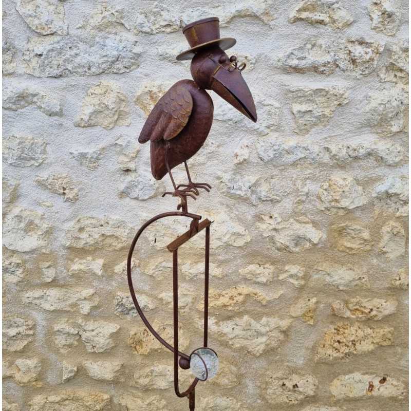 Garden Mobile in Iron with Balancing Crow Motif – Plant Stake Support Decorative Garden Wind Spinner