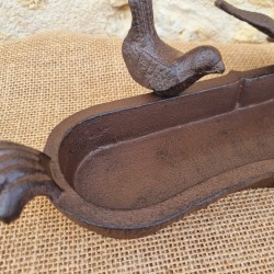 Oval Cast Iron Bird Bath in Brown with Black Patina, Featuring a 2-Bird Motif