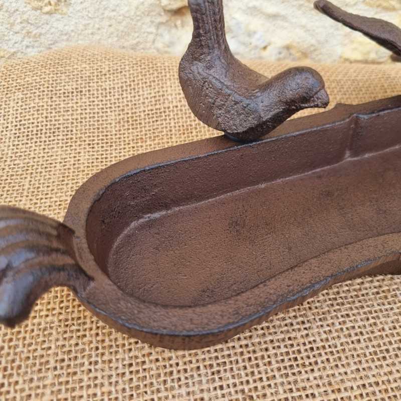 Oval Cast Iron Bird Bath in Brown with Black Patina, Featuring a 2-Bird Motif