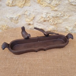 Oval Cast Iron Bird Bath in Brown with Black Patina, Featuring a 2-Bird Motif