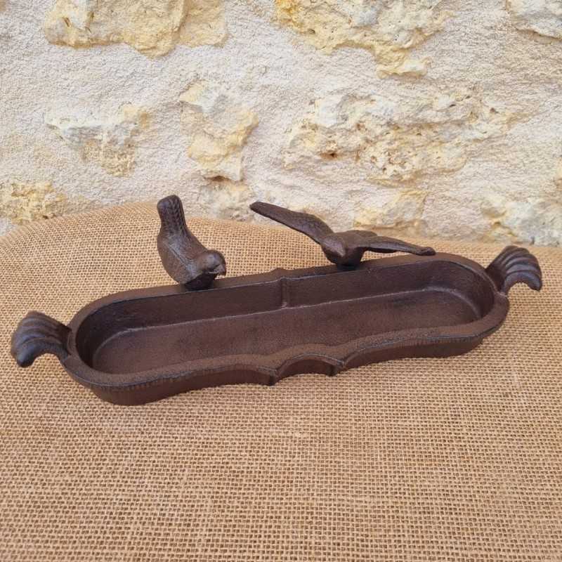 Oval Cast Iron Bird Bath in Brown with Black Patina, Featuring a 2-Bird Motif