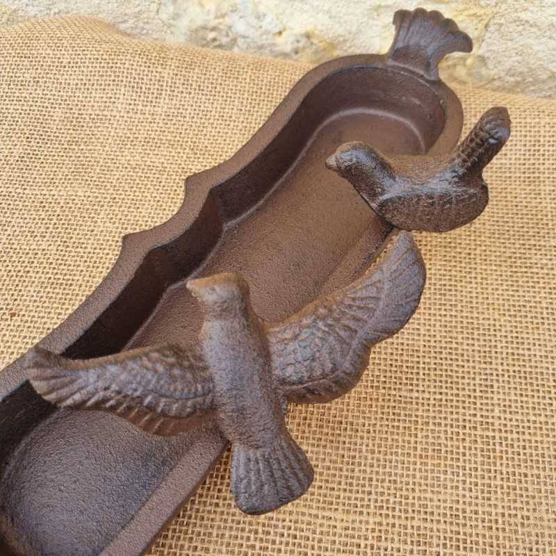 Oval Cast Iron Bird Bath in Brown with Black Patina, Featuring a 2-Bird Motif