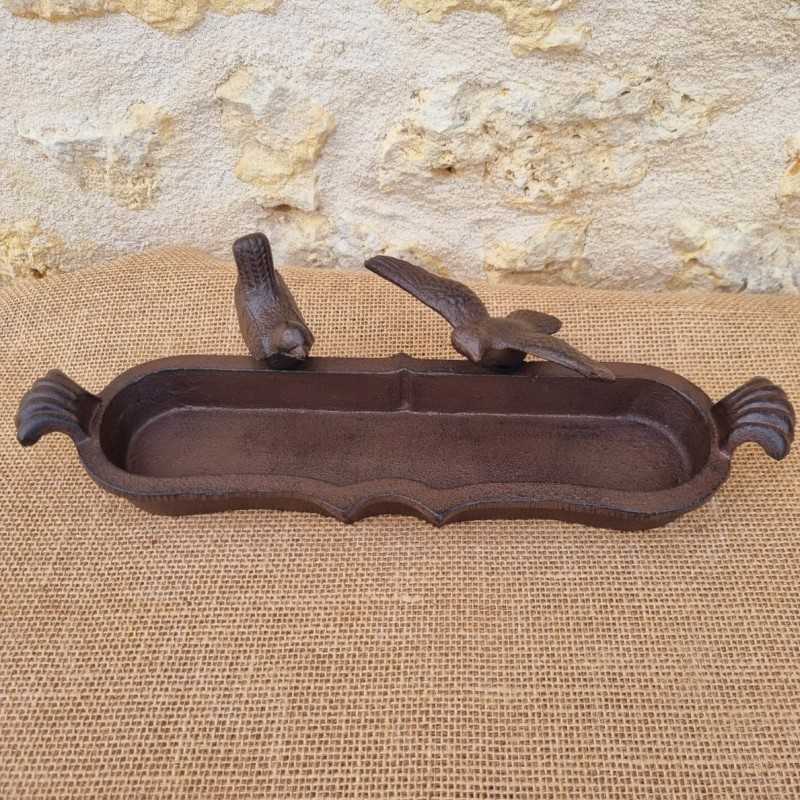 Oval Cast Iron Bird Bath in Brown with Black Patina, Featuring a 2-Bird Motif